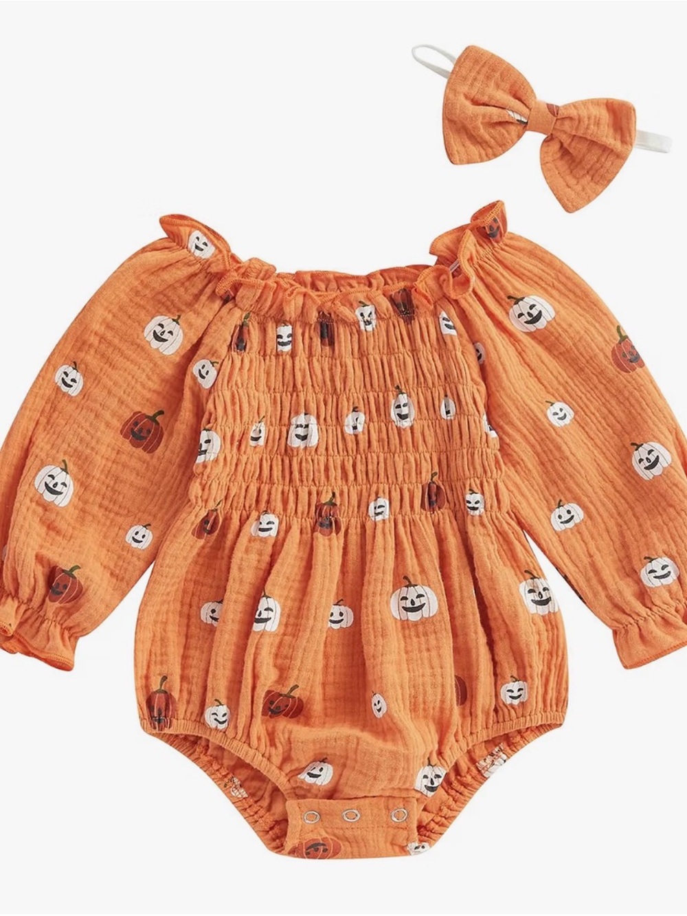 Halloween Orange Pumpkin Print Long-Sleeve Baby One-Piece with Bow 18-24 months